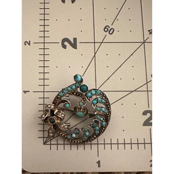 Antique Victorian 9kt gold genuine turquoise cabochons seed pearls bow brooch - Picture 12 of 12
